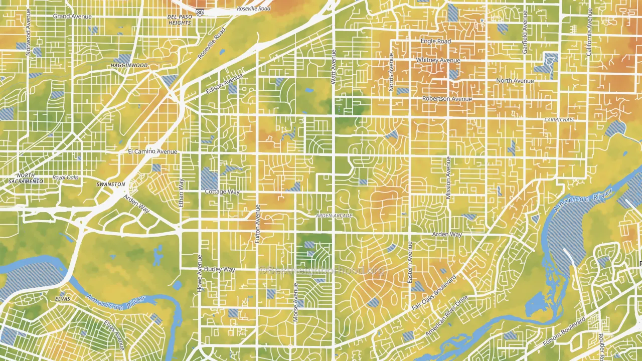 Bike Grade map of Arden-Arcade, CA