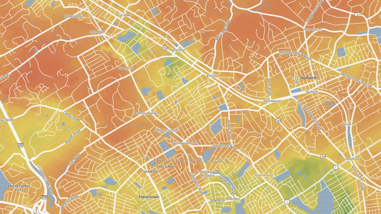 Bike Grade map of Ardmore, PA