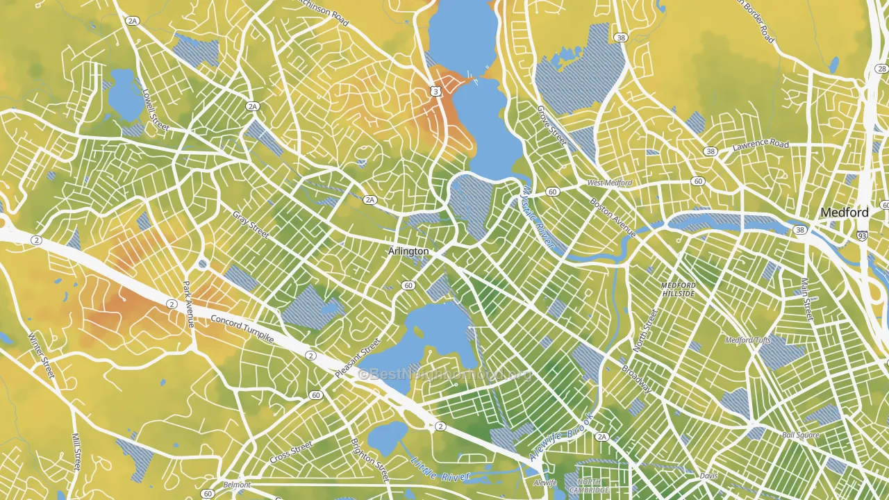 Bike Grade map of Arlington Center, Arlington, MA