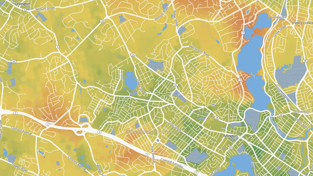 Bike Grade map of Arlington Heights, Arlington, MA