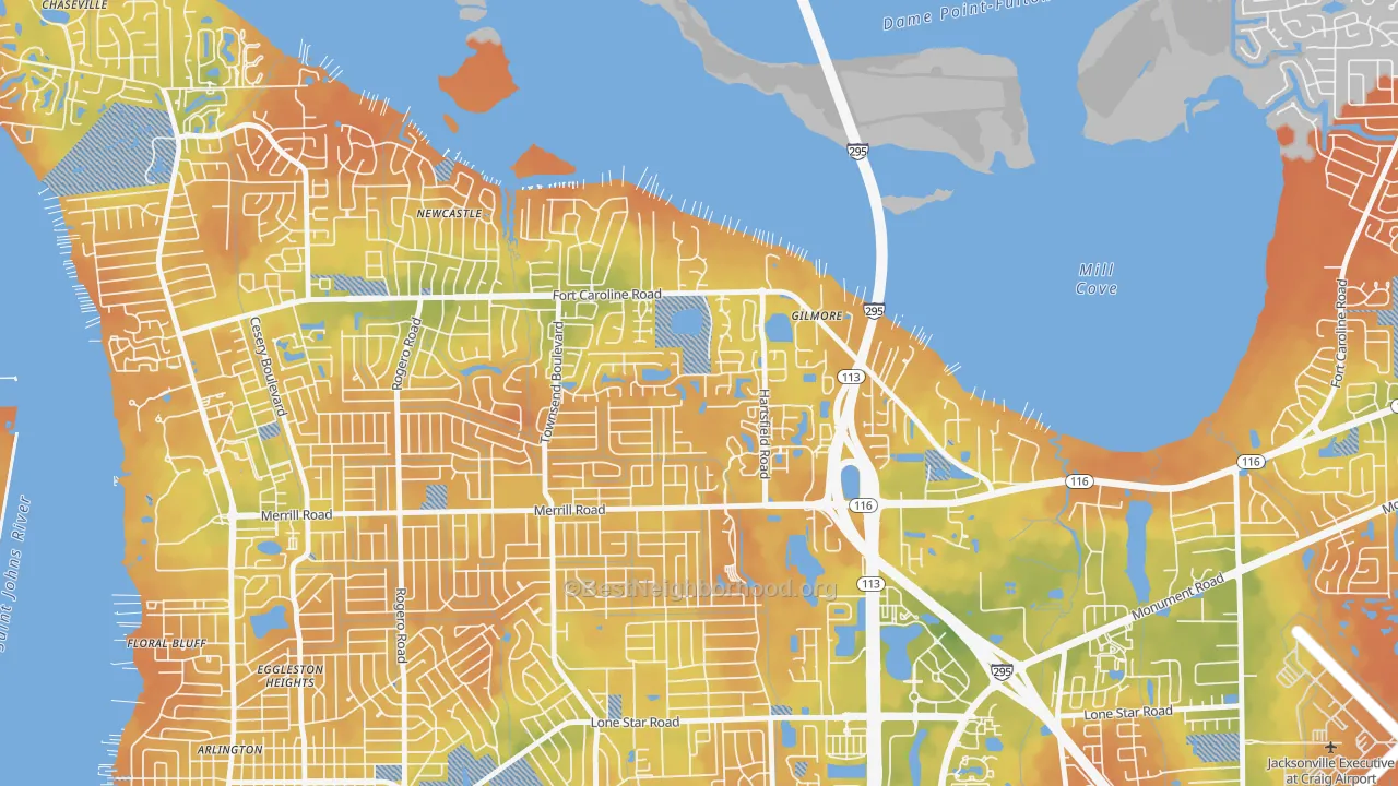 Bike Grade map of Arlington Hills, Jacksonville, FL