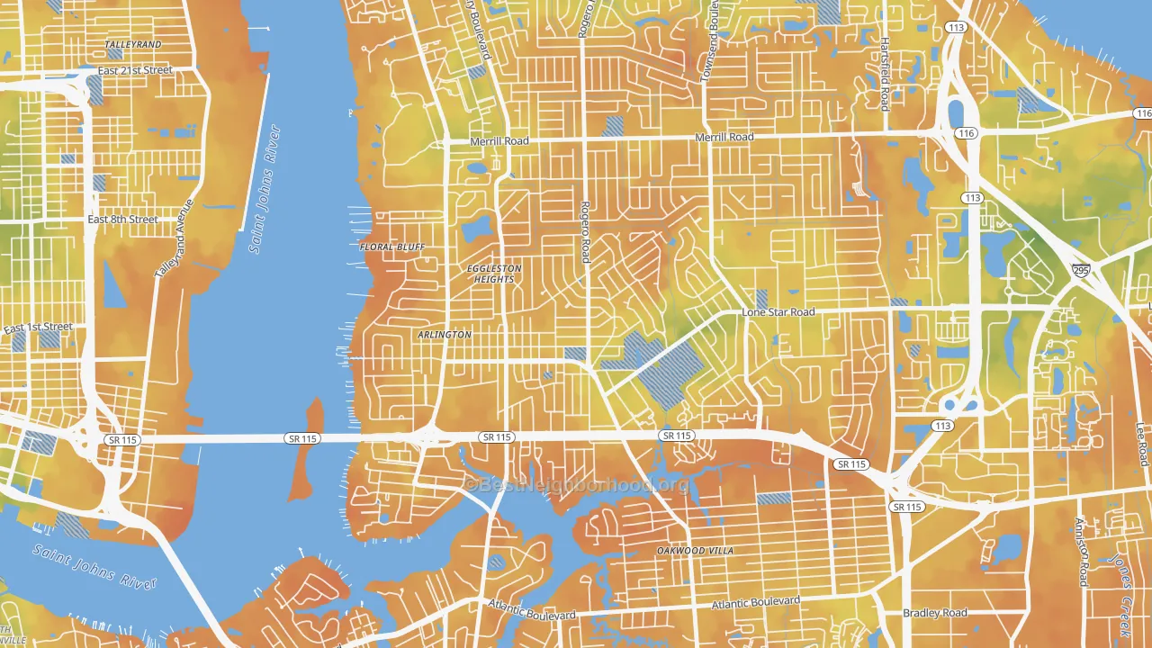 Bike Grade map of Arlington, Jacksonville, FL