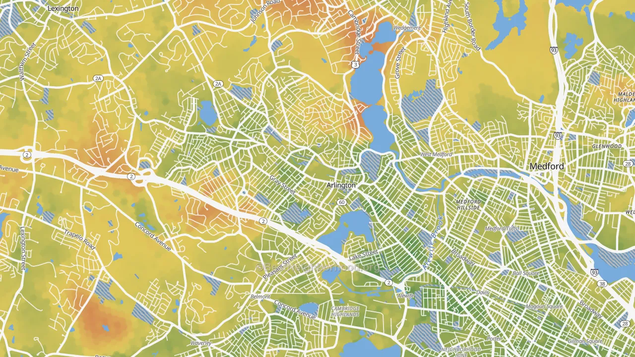 Bike Grade map of Arlington, MA