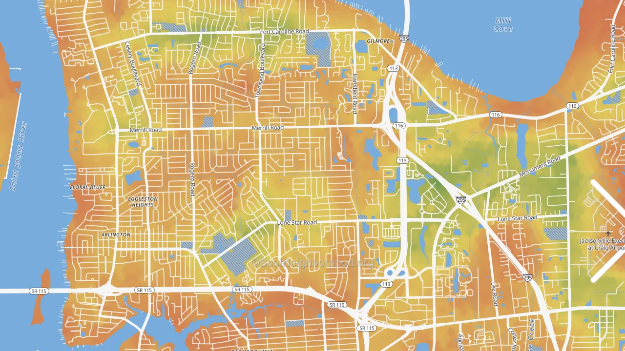 Bike Grade map of Arlingwood, Jacksonville, FL