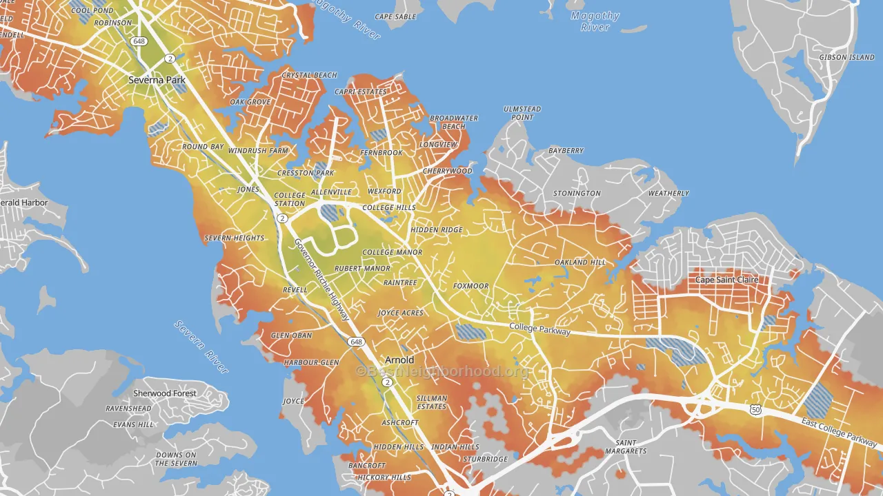 Bike Grade map of Arnold, MD