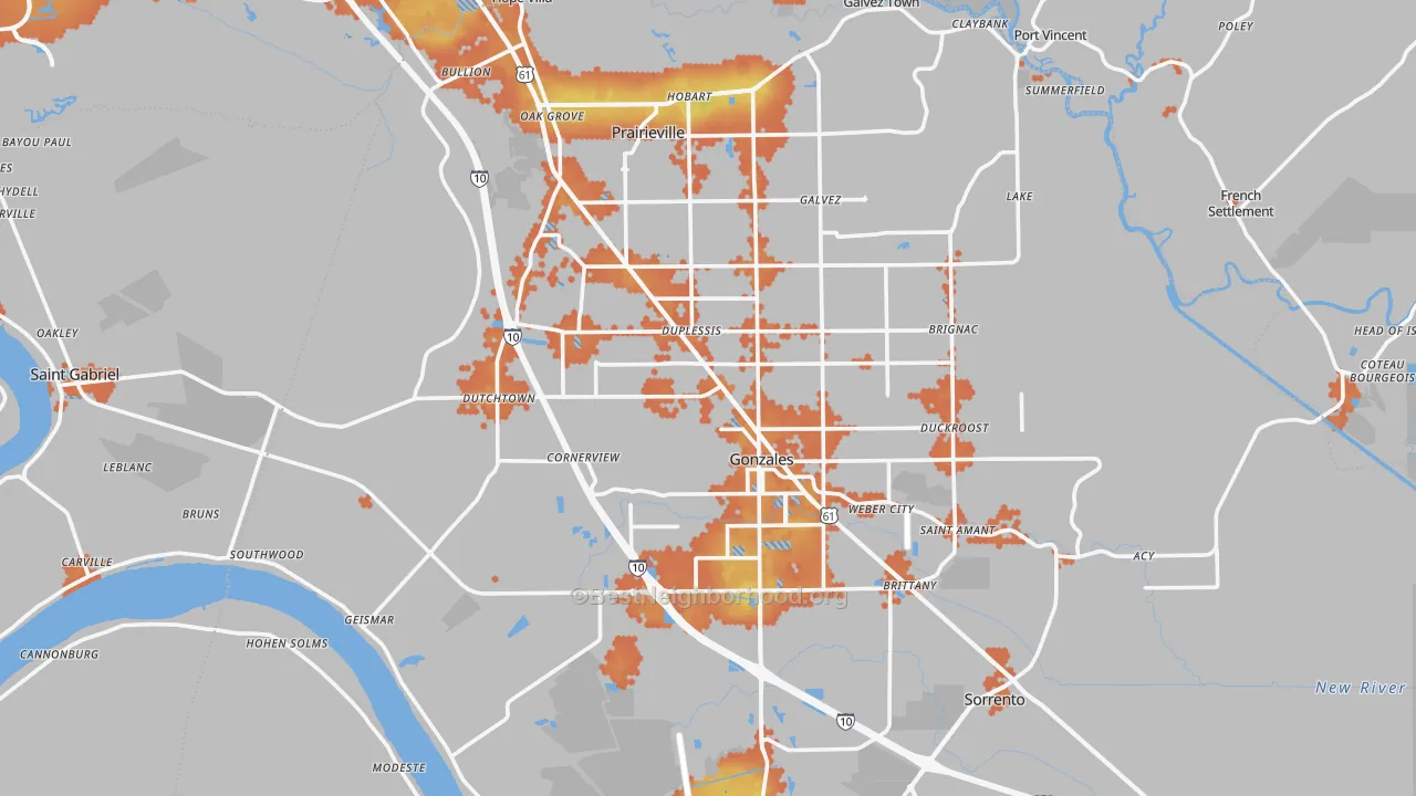 Bike Grade map of Ascension Parish, LA