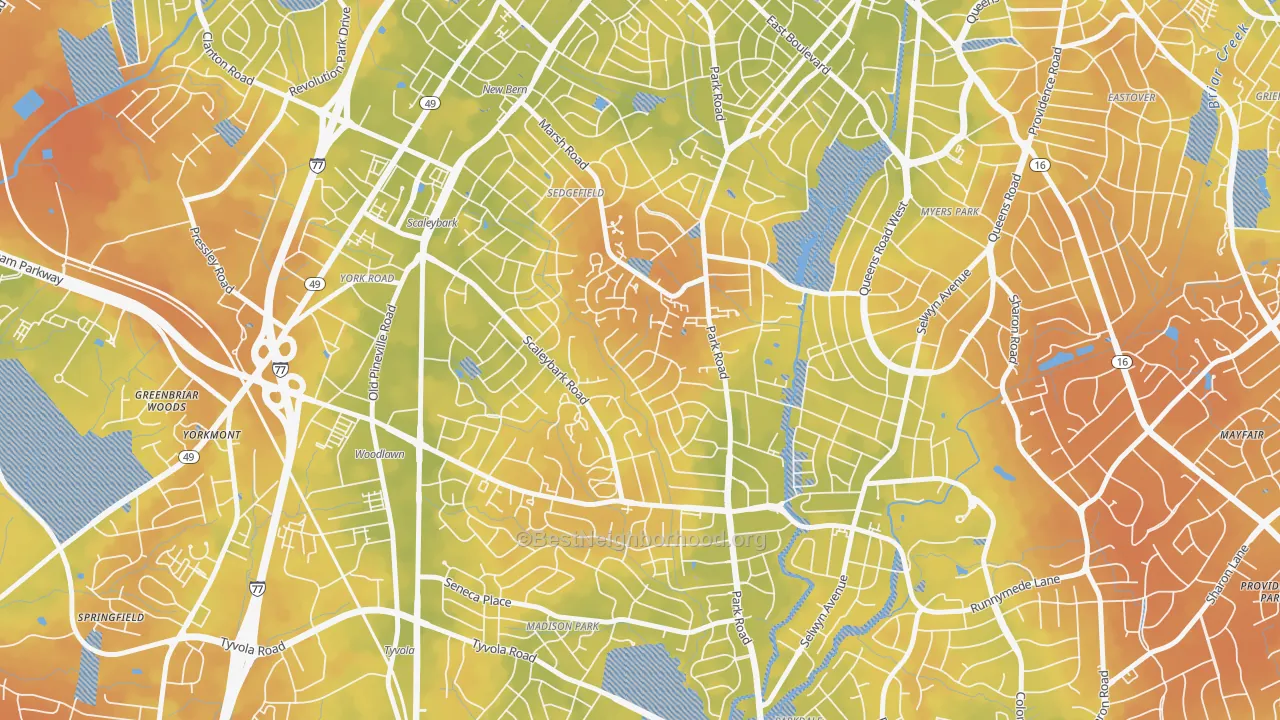 Bike Grade map of Ashbrook-Clawson Village, Charlotte, NC
