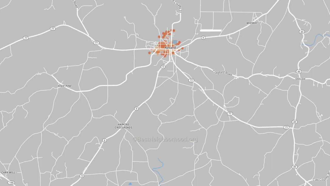Bike Grade map of Ashland, AL