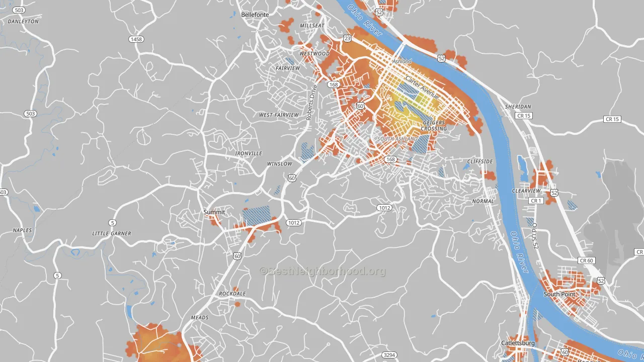 Bike Grade map of Ashland, KY
