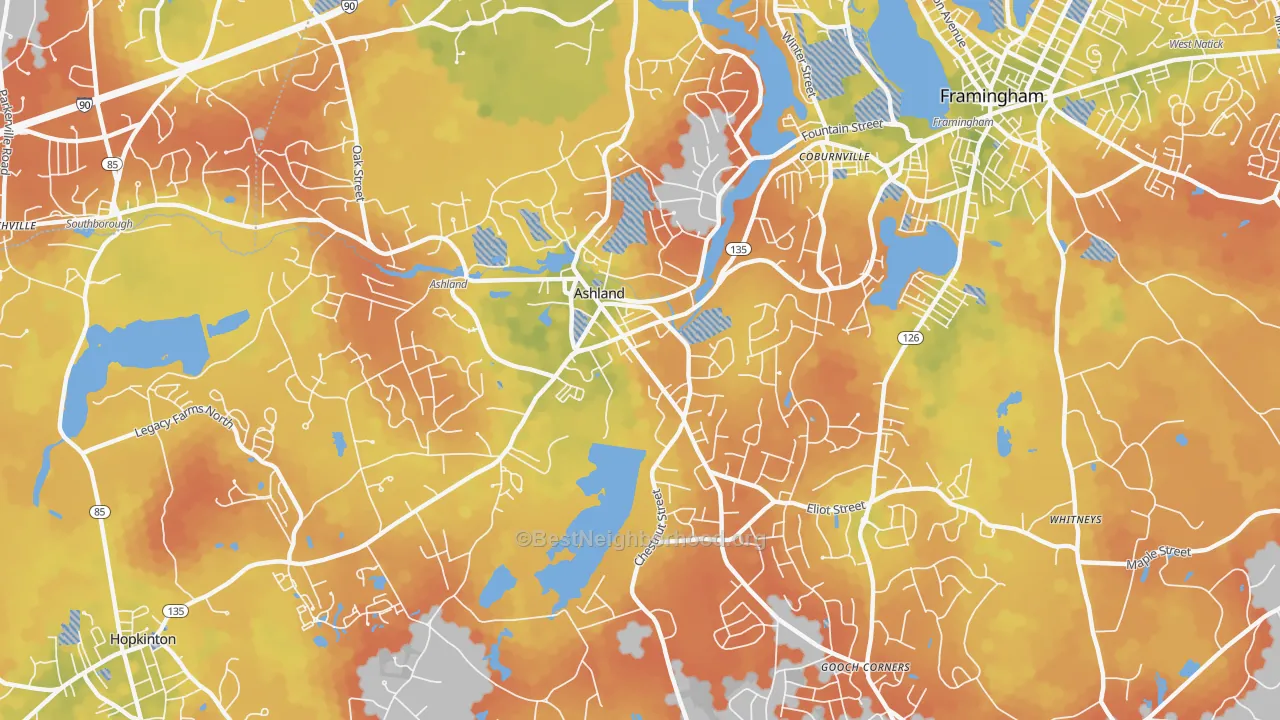 Bike Grade map of Ashland, MA