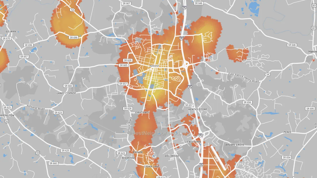 Bike Grade map of Ashland, VA