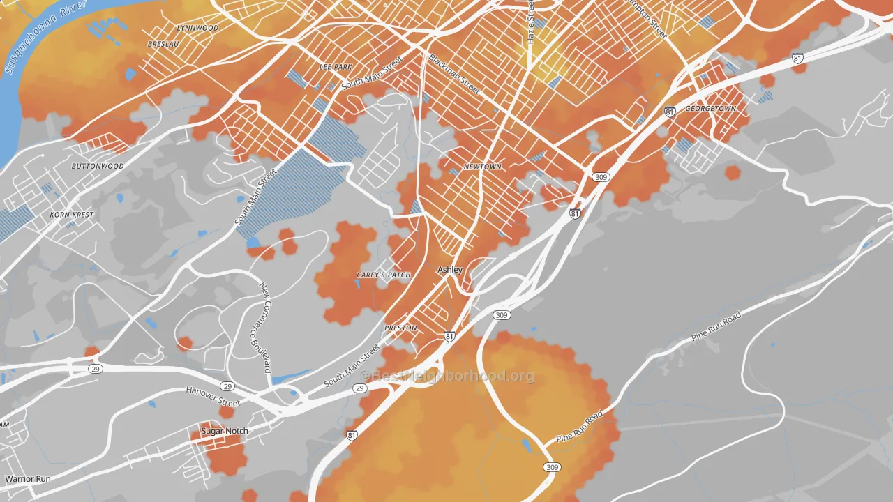 Bike Grade map of Ashley, PA