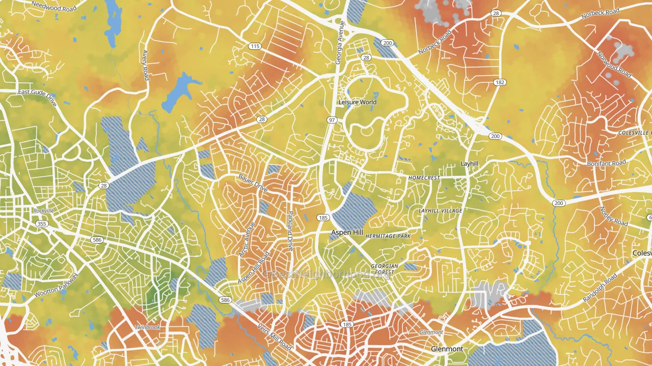 Bike Grade map of Aspen Hill, MD