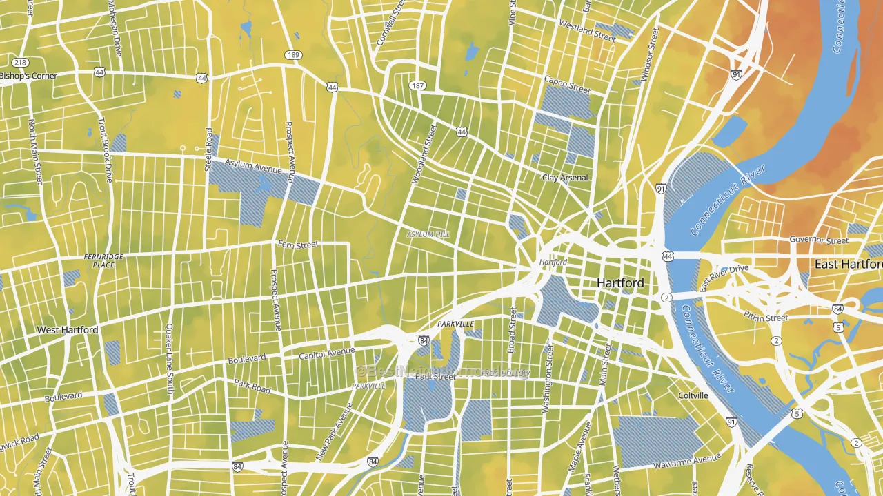 Bike Grade map of Asylum Hill, Hartford, CT