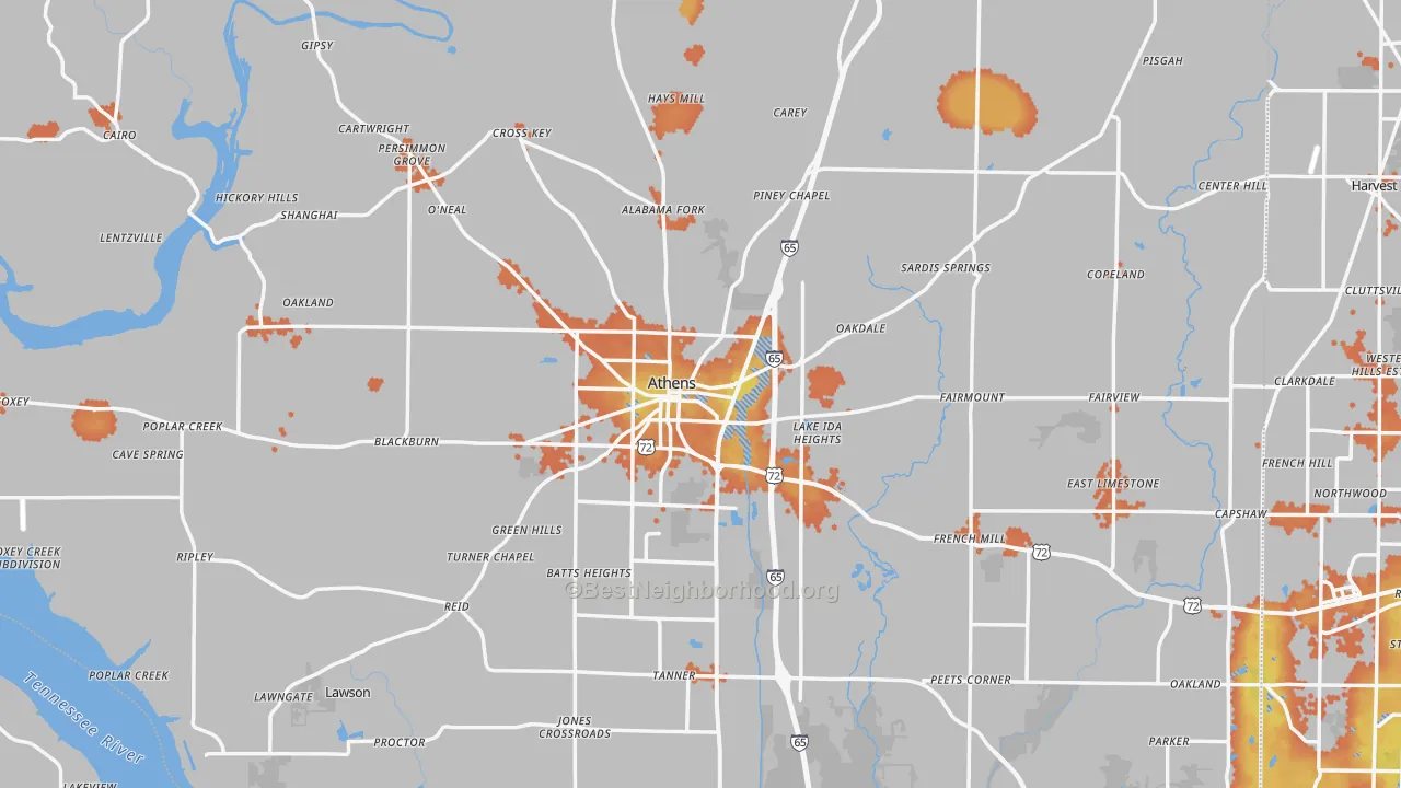 Bike Grade map of Athens, AL