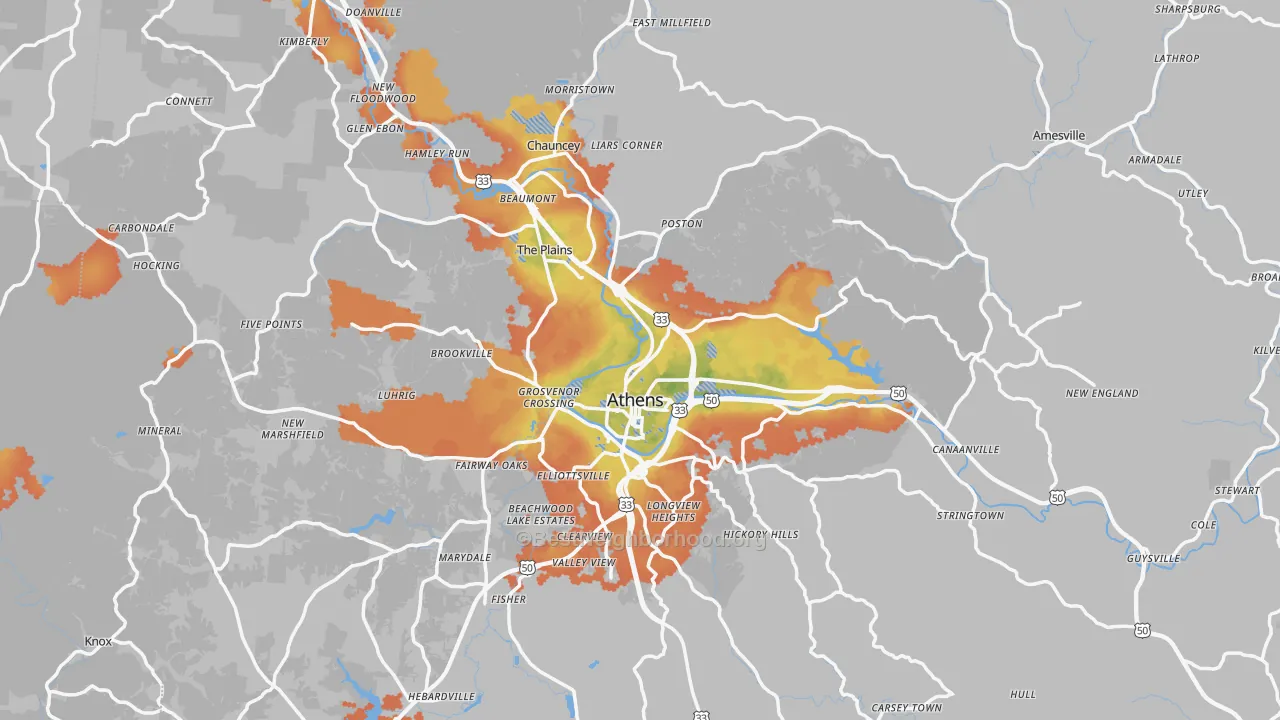 Bike Grade map of Athens County, OH