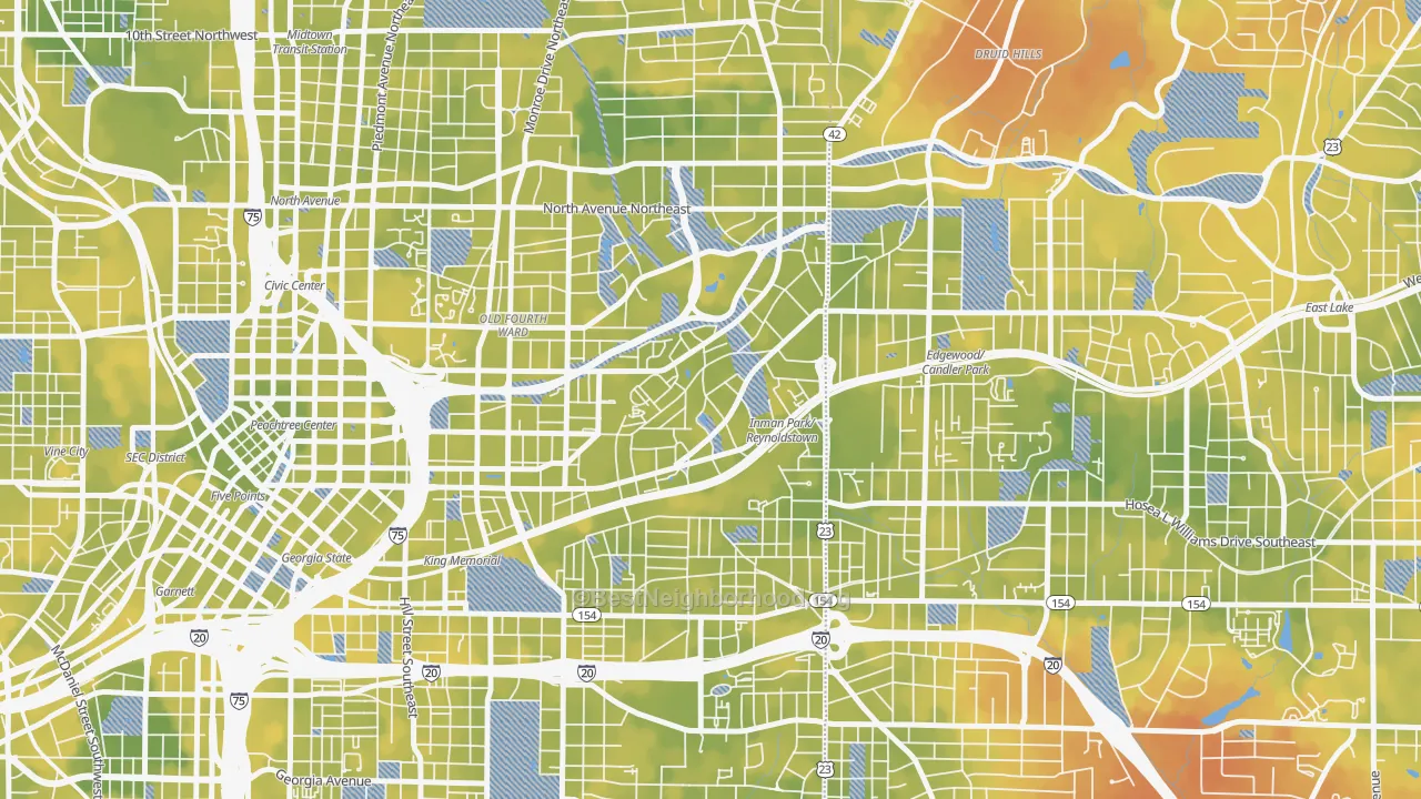 Bike Grade map of Atlanta-Inman Park, Atlanta, GA