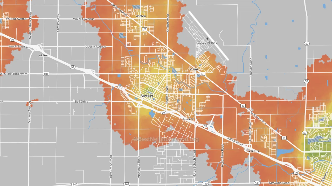 Bike Grade map of Atwater, CA