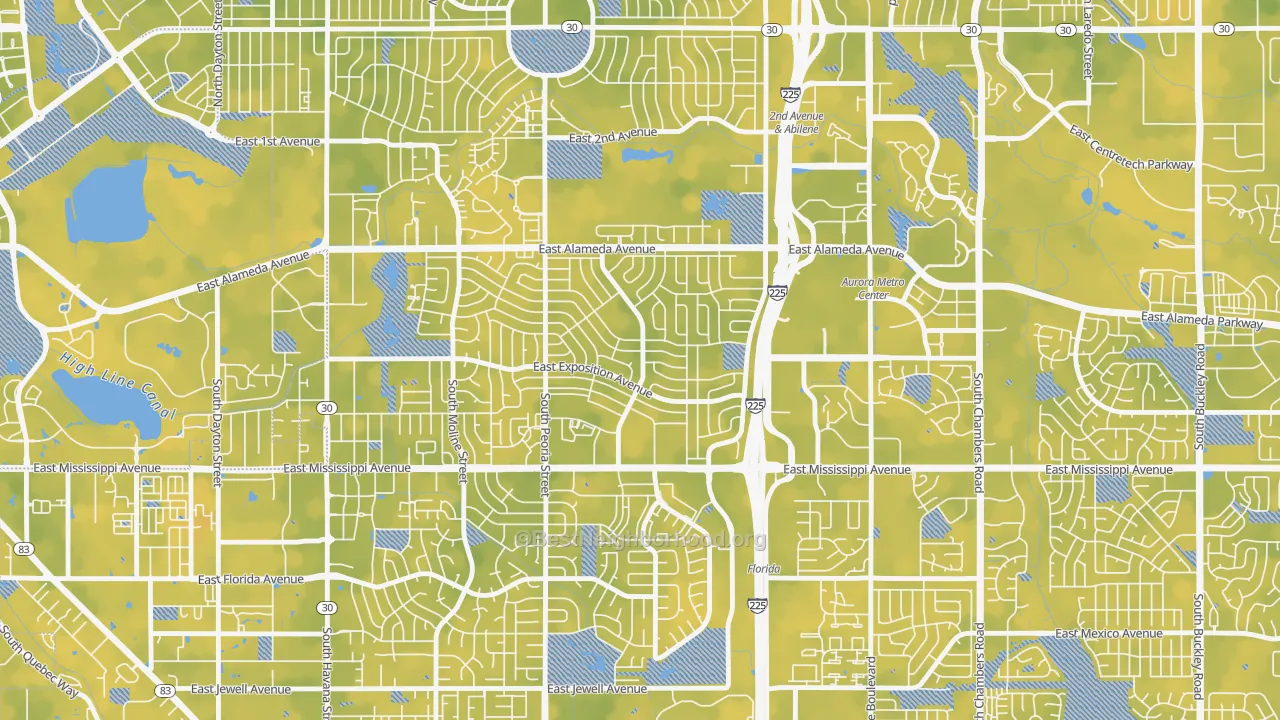 Bike Grade map of Aurora Hills, Aurora, CO