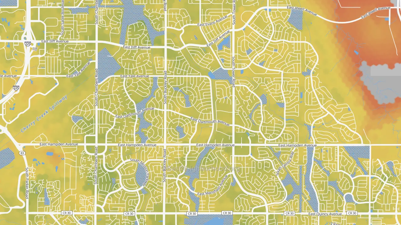 Bike Grade map of Aurora Knolls-Hutchinson Heights, Aurora, CO