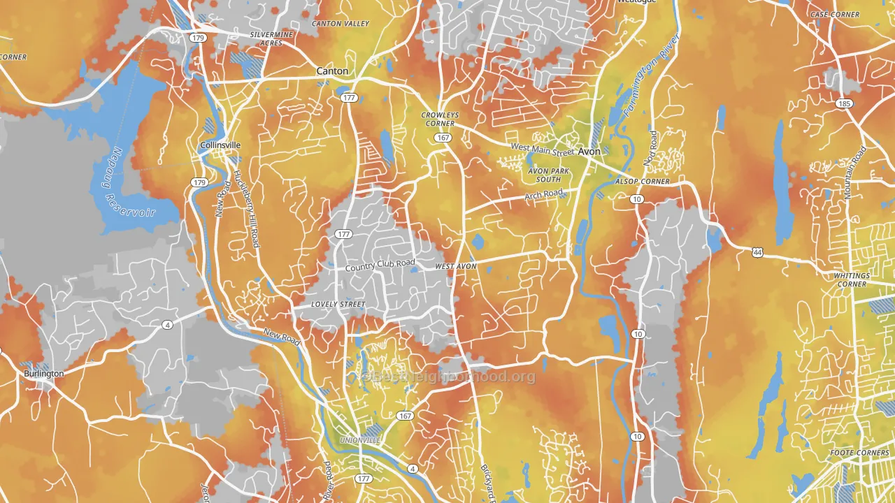 Bike Grade map of Avon, CT