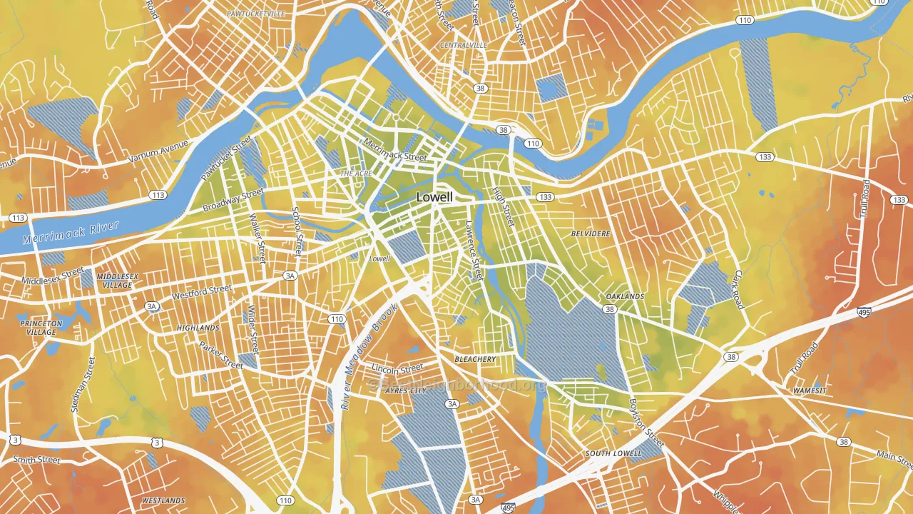 Bike Grade map of Back Central, Lowell, MA
