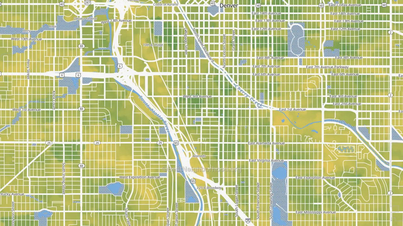 Bike Grade map of Baker, Denver, CO