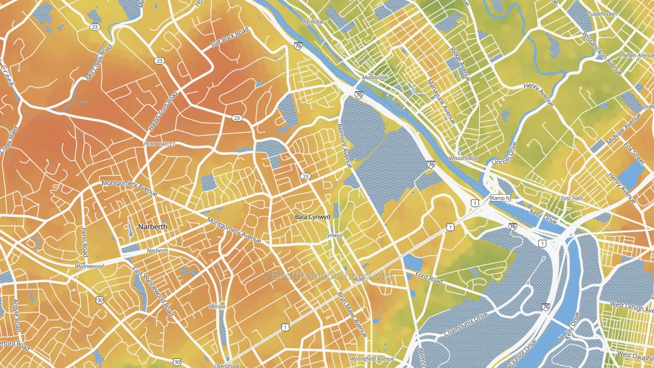 Bike Grade map of Bala Cynwyd, Bala-Cynwyd, PA
