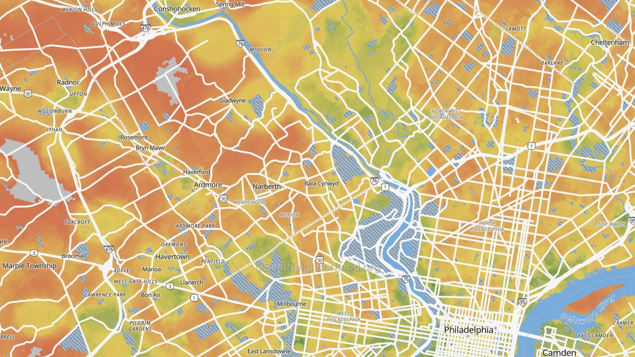 Bike Grade map of Bala-Cynwyd, PA