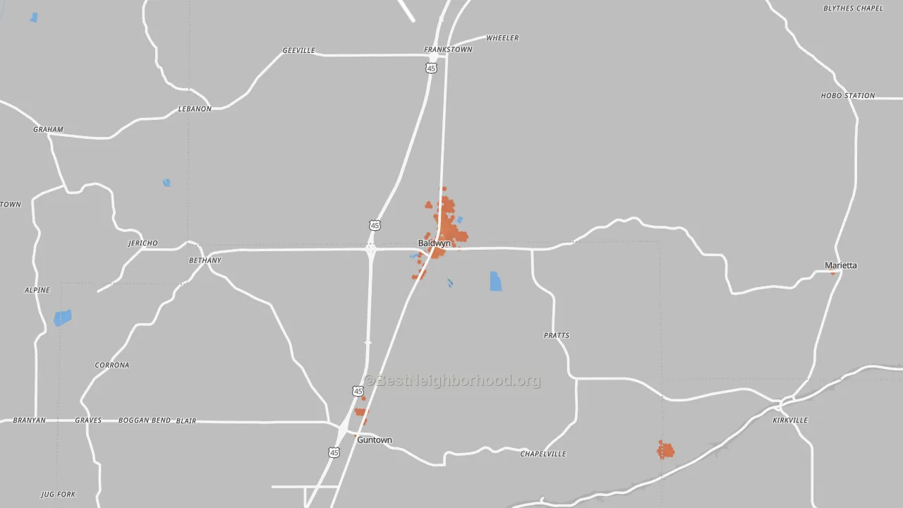 Bike Grade map of Baldwyn, MS