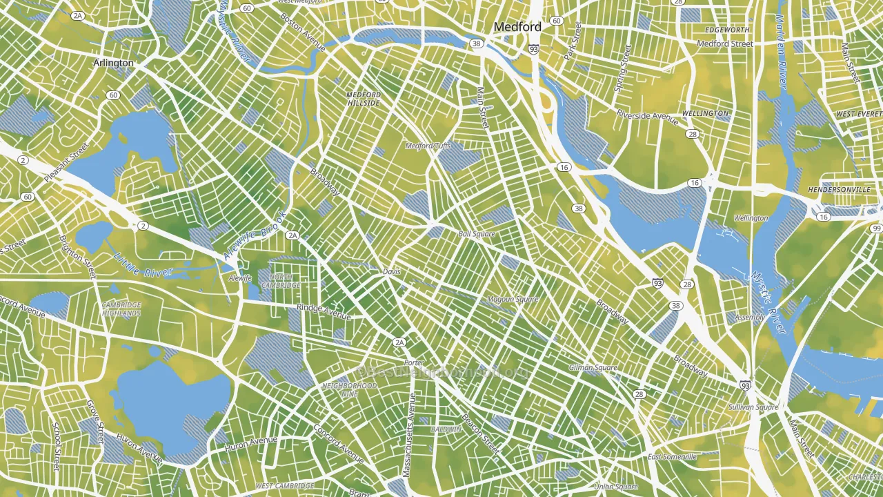 Bike Grade map of Ball Square, Somerville, MA