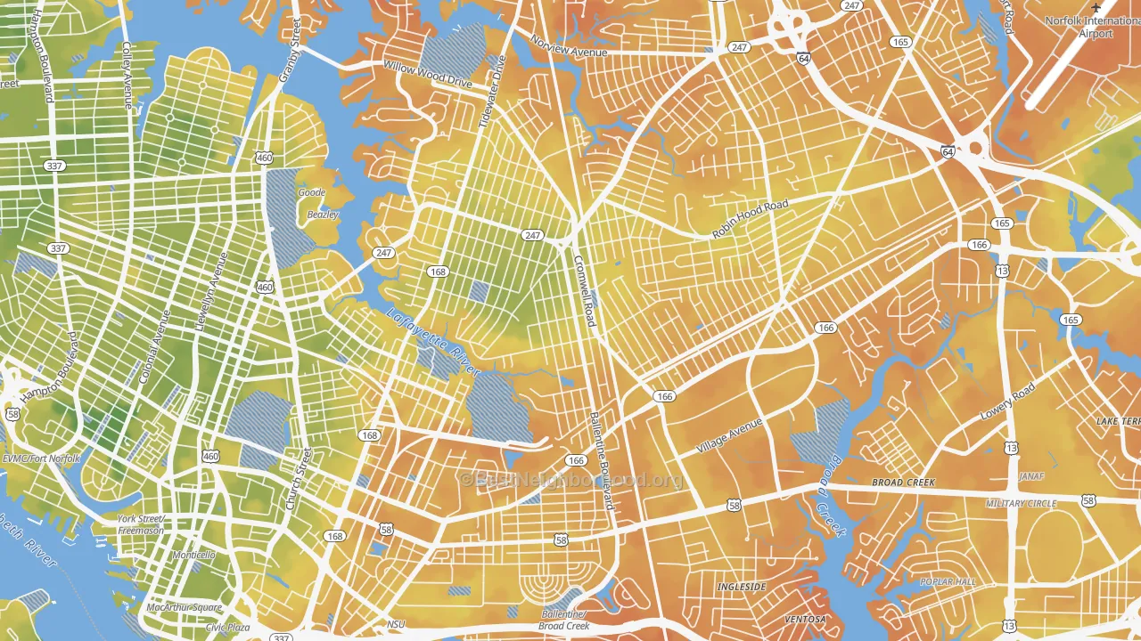 Bike Grade map of Ballentine Place, Norfolk, VA