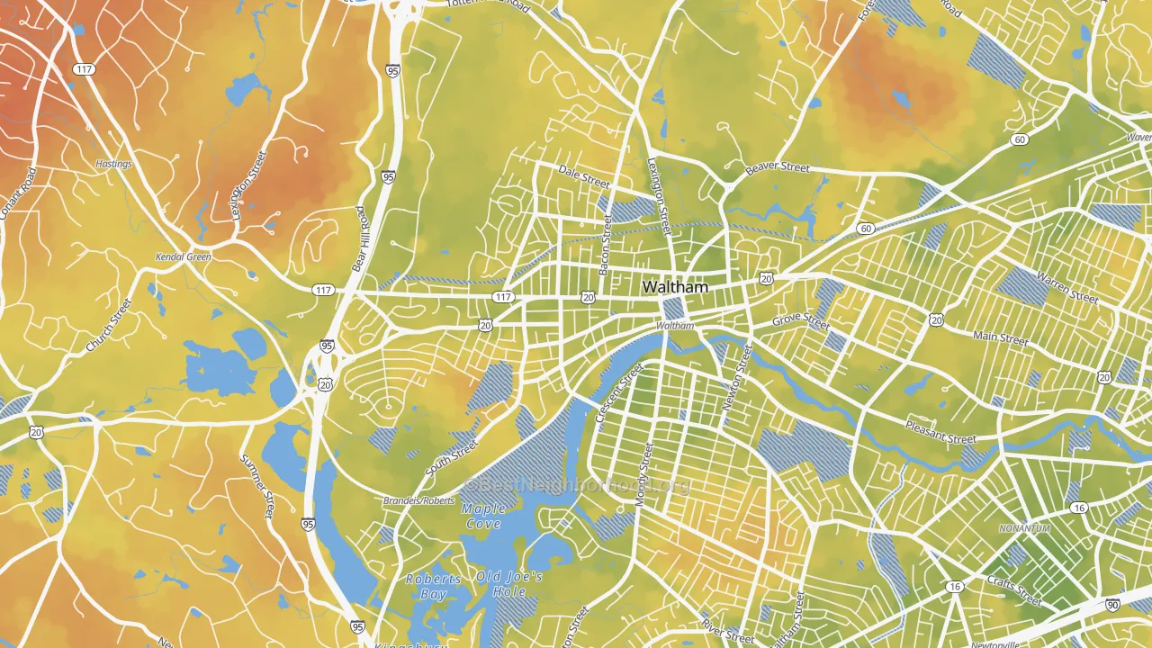 Bike Grade map of Bank Square, Waltham, MA