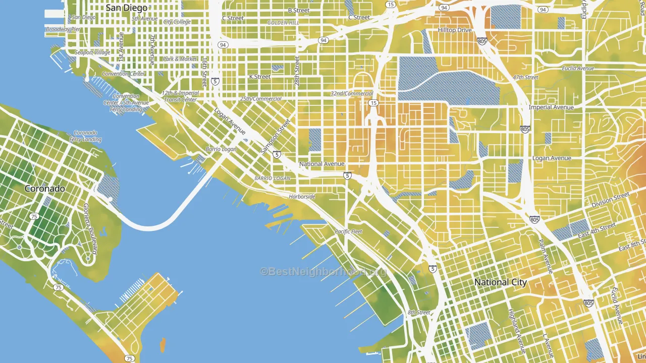 Bike Grade map of Bario Logan, San Diego, CA