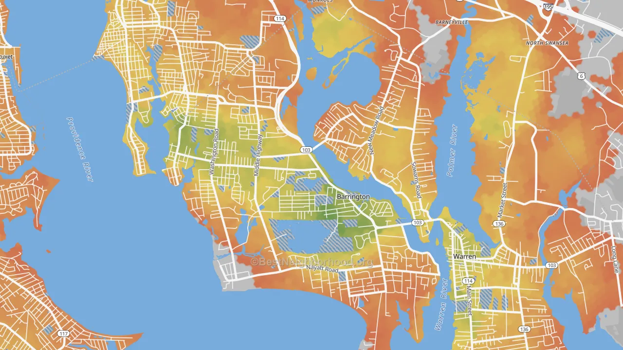 Bike Grade map of Barrington, RI