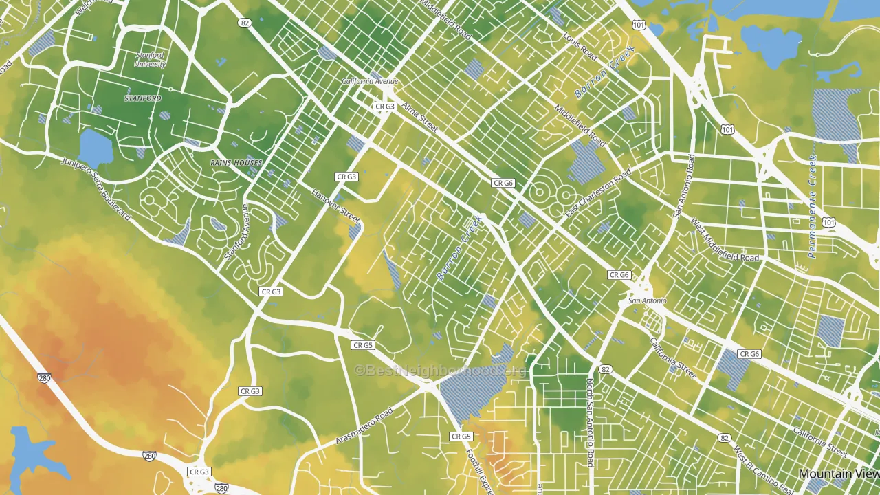 Bike Grade map of Barron Park, Palo Alto, CA