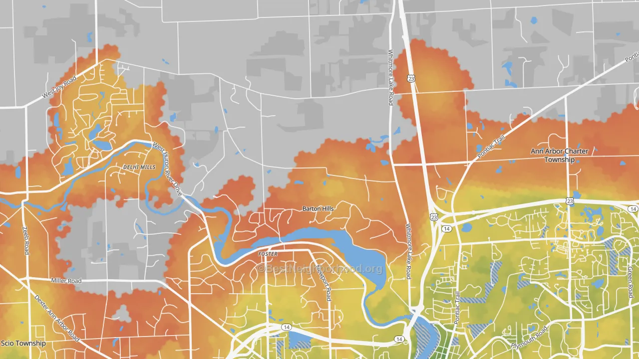 Bike Grade map of Barton Hills, MI