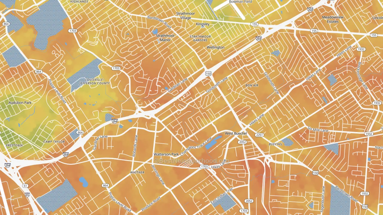 Bike Grade map of Bashford Manor, Louisville, KY