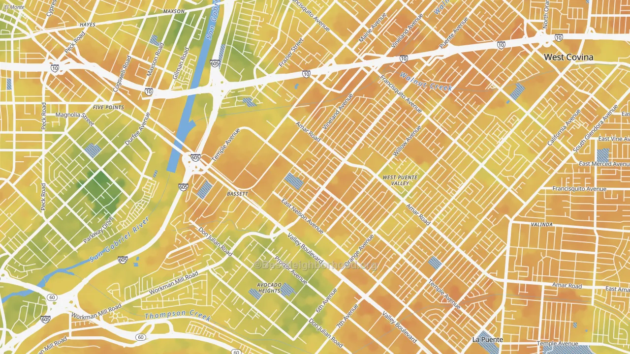 Bike Grade map of Bassett, West Puente Valley, CA