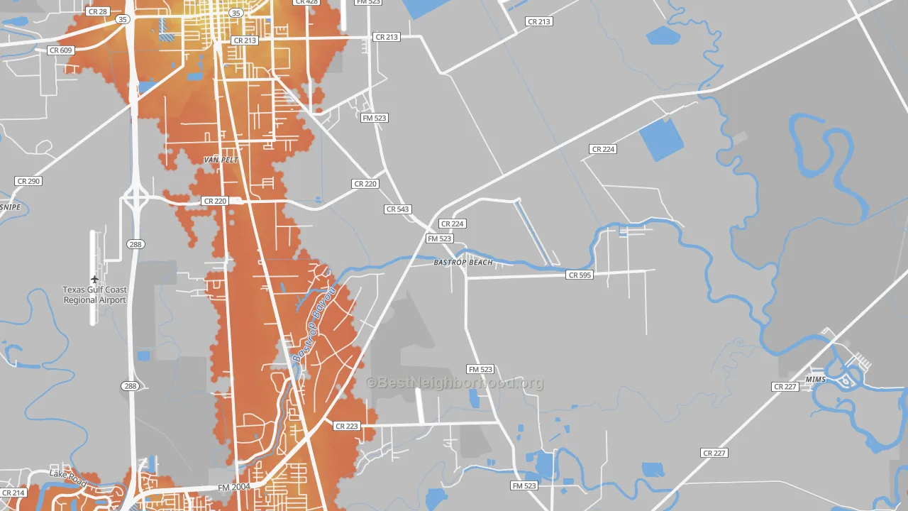 Bike Grade map of Bastrop Beach, TX
