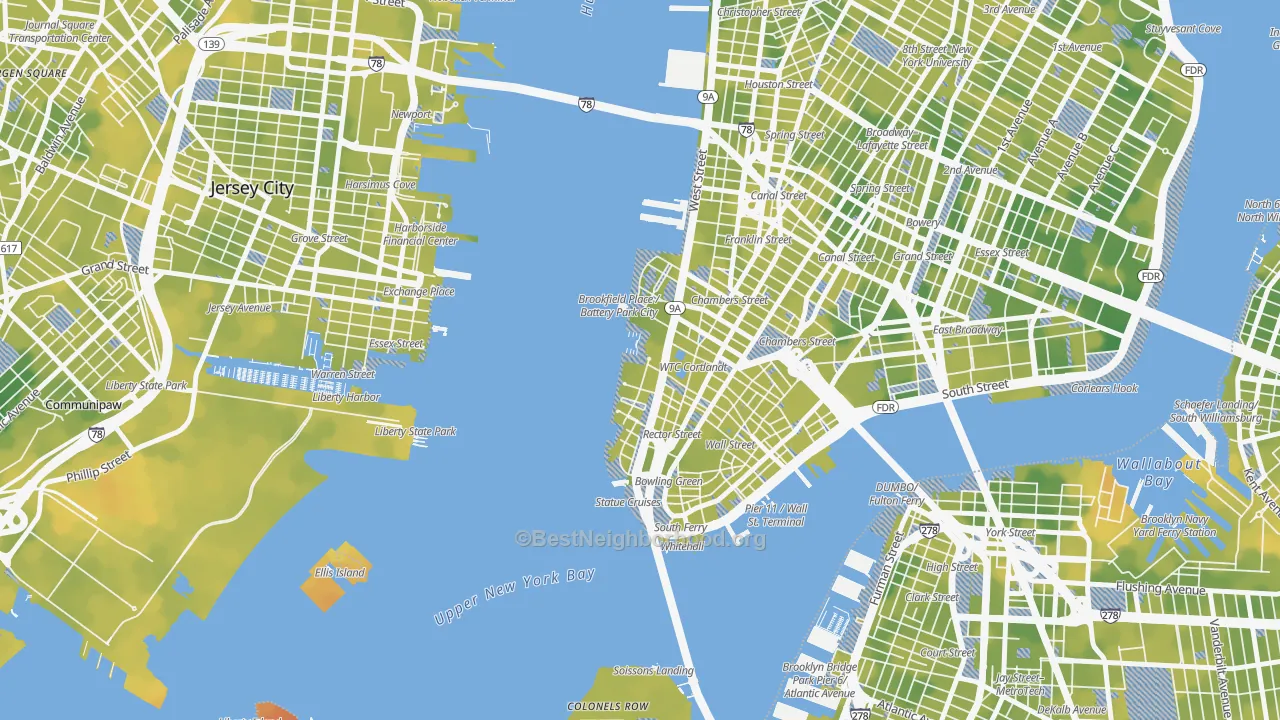 Bike Grade map of Battery Park, Manhattan, NY