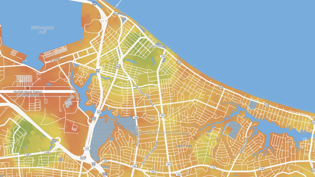 Bike Grade map of Bay View, Norfolk, VA