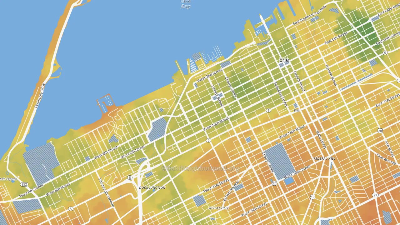 Bike Grade map of Bayfront, Erie, PA