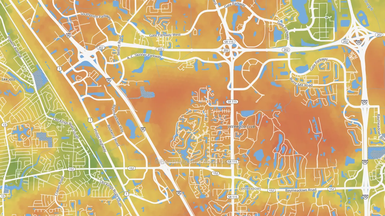 Bike Grade map of Baymeadows, Jacksonville, FL
