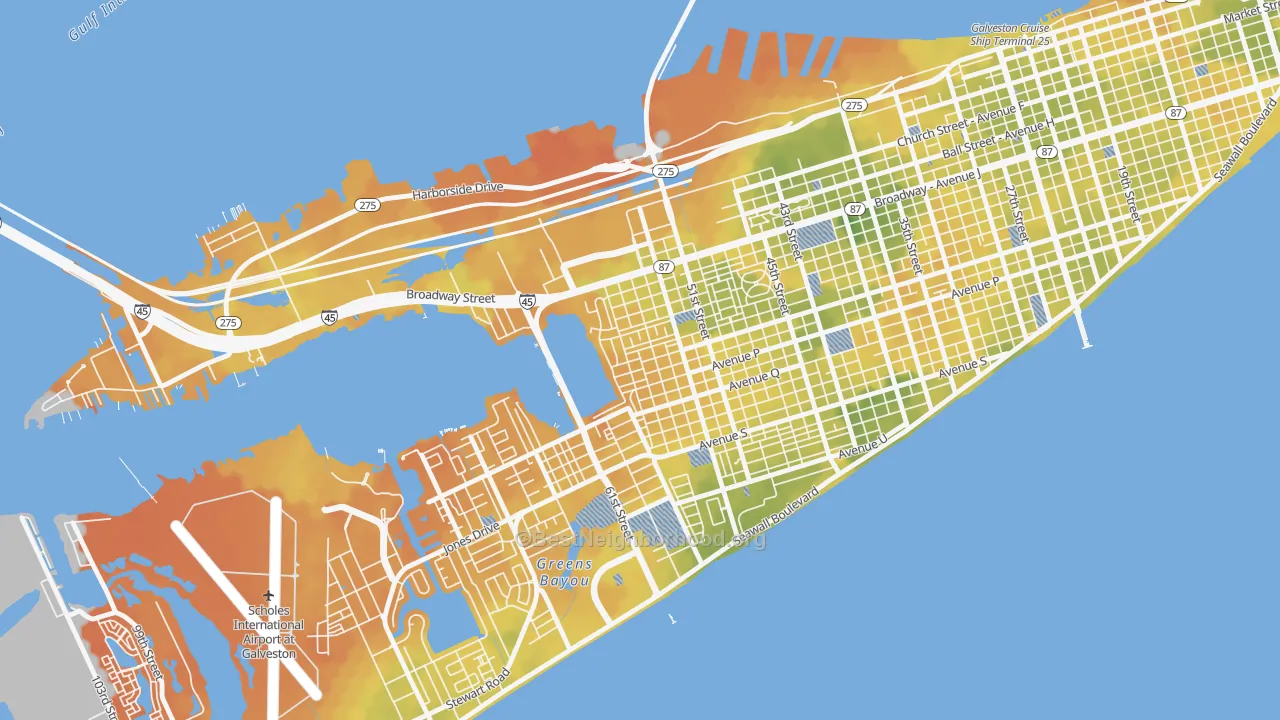 Bike Grade map of Bayou Shore, Galveston, TX