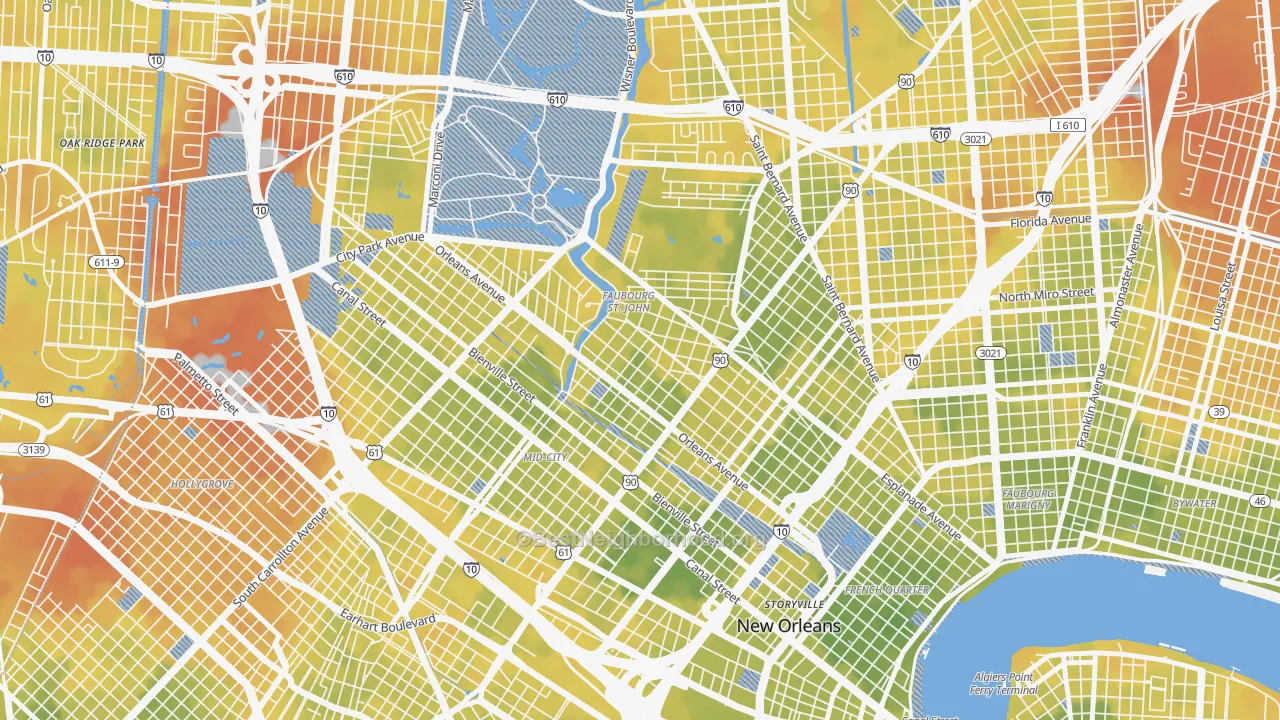 Bike Grade map of Bayou St John, New Orleans, LA