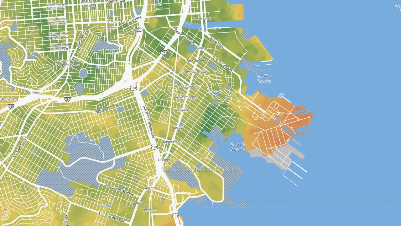Bike Grade map of Bayview, San Francisco, CA