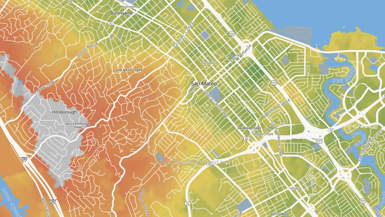 Bike Grade map of Baywood-Aragon, San Mateo, CA
