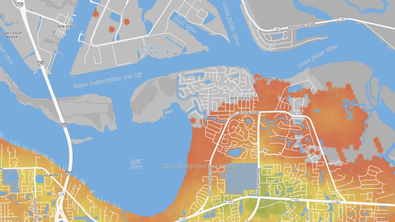 Bike Grade map of Beacon Hills and Harbour, Jacksonville, FL