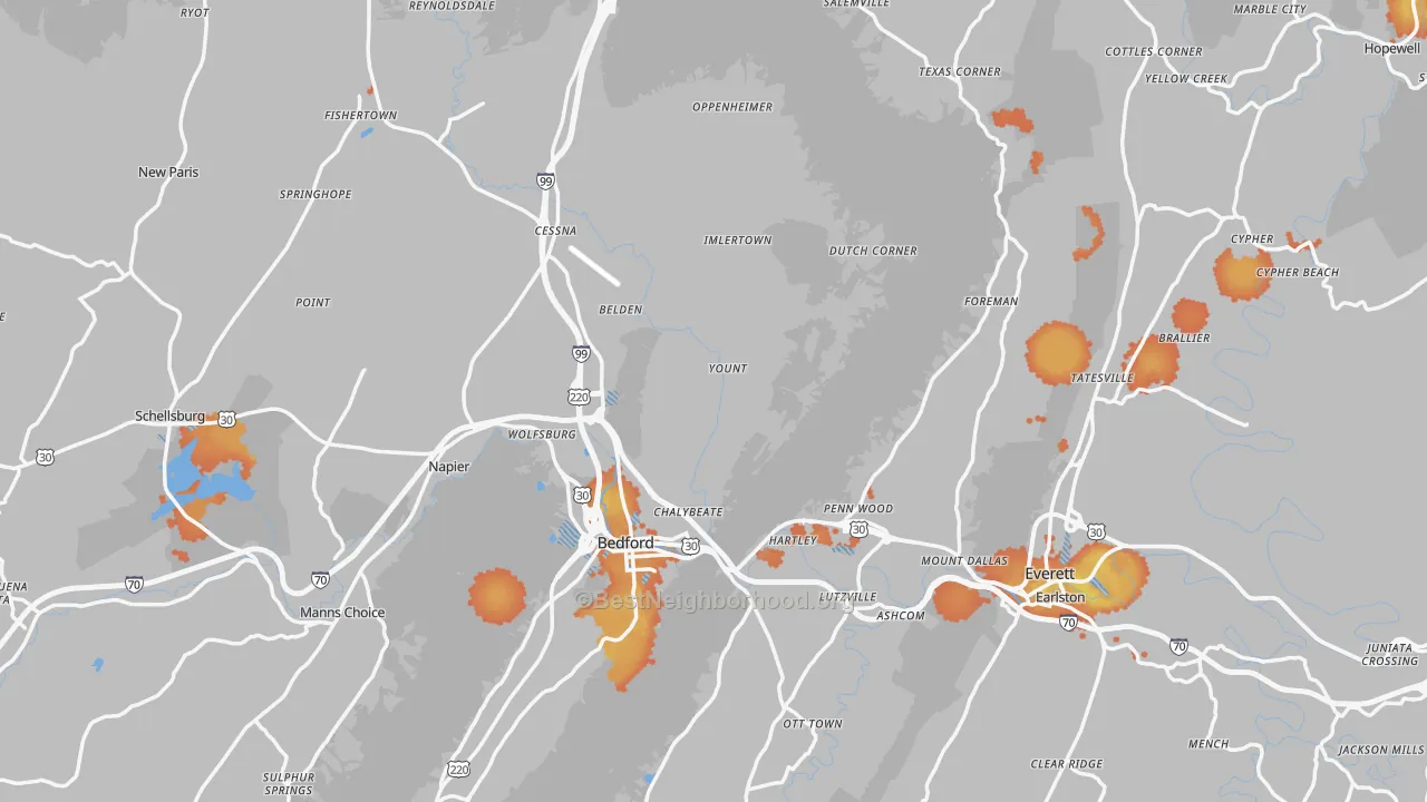 Bike Grade map of Bedford County, PA